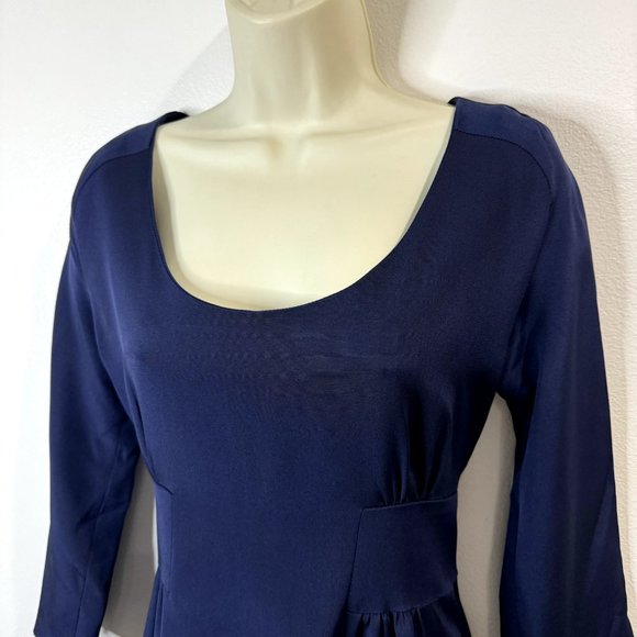 Adam Lippes Navy Blue Silk Satin Dress Size 0 Zipper Scoop Neck Mini 3/4 Sleeve - Picture 2 of 10